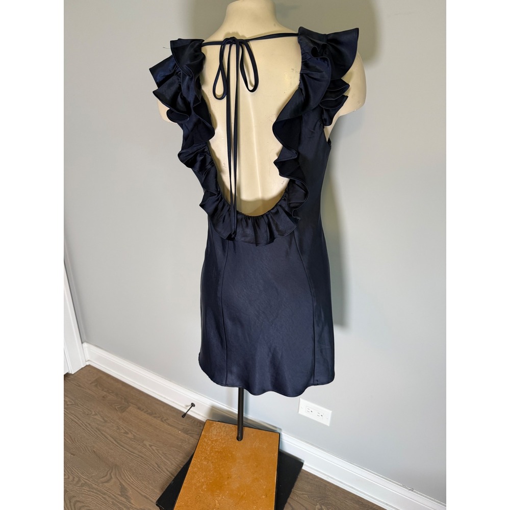 Princess Polly Navy Blue Ruffle V-Neck Open Back Satin Mini Dress US 6 - Picture 5 of 6